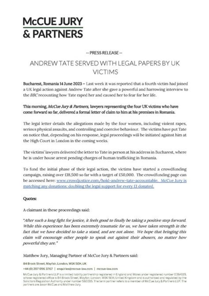 Andrew Tate served with legal papers following rape and assault claims