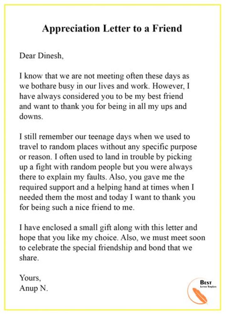 Appreciation Letter Template to Friend Format, Sample & Example